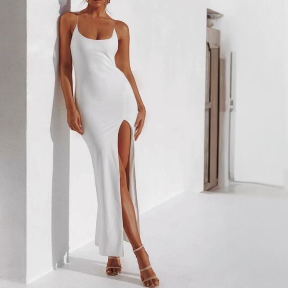 The Edit Women's M Alissa Formal Slip Dress White Low Back High Slit Bridal NWT - Picture 1 of 16
